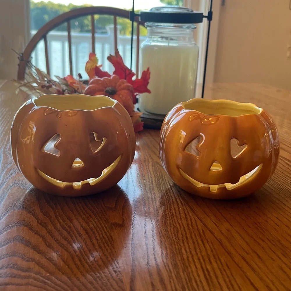 Williams Sonoma Jack O Lantern Candle Luminary Tealight Halloween 2 piece/pairy